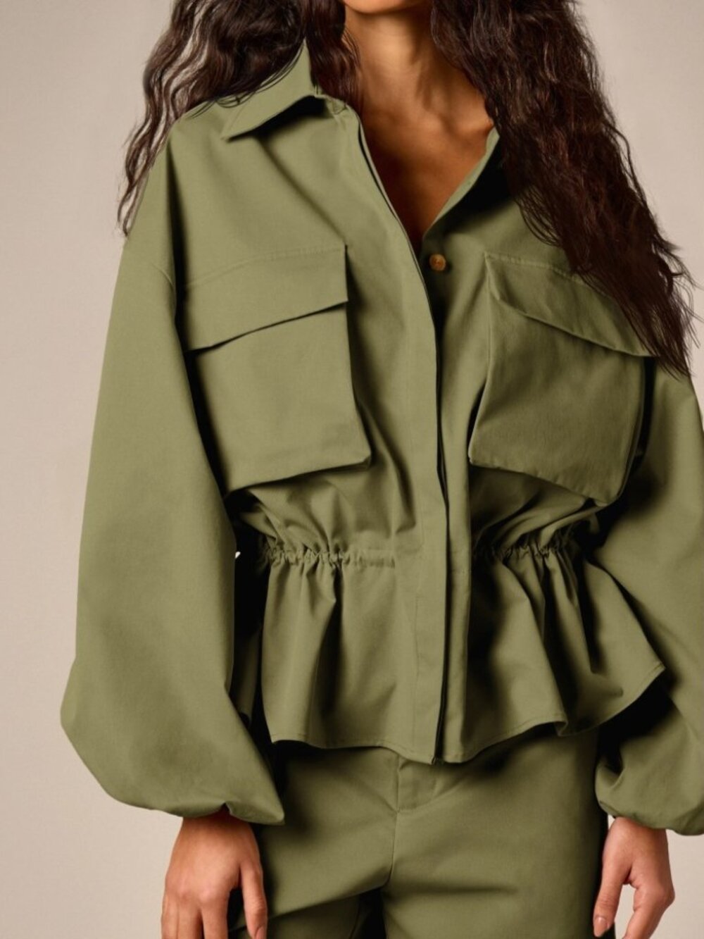 Olive Green Cinched-Waist Utility Jacket